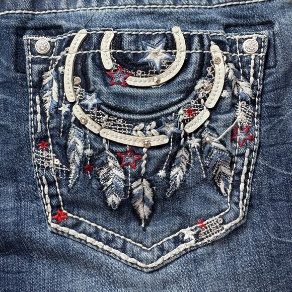 Grace in LA Bootcut Jeans Tribal Feather Embroider Fray Hem Easy Fit 32X33* (30) - Picture 15 of 16